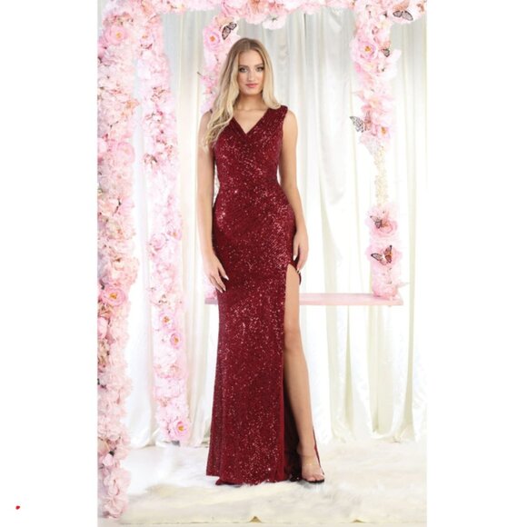 May Queen Dresses & Skirts - Burgundy Evening Long V-Neck Sleeveless Bodycon Dress By May Queen MQ1874